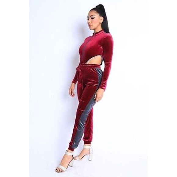 Women's Sexy Cute Velvet Bodysuit and Matching Jogger Pants 2 Piece Set S M L - Picture 9 of 11